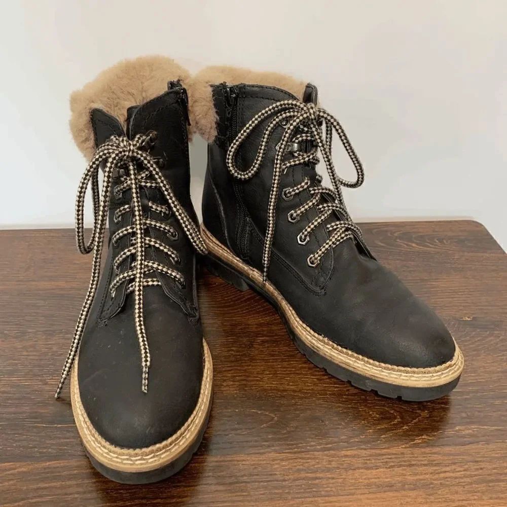 Steve Women's Madden Hiking Ankle Boots Faux Fur Lace Up Alaska Black Vegan 8M